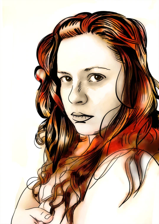 a digital painting with red hair and the image in yellow