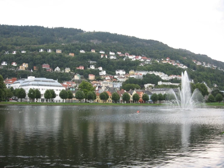 a body of water sitting in front of a hill