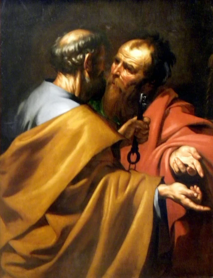 an image of a painting of a man emcing another man