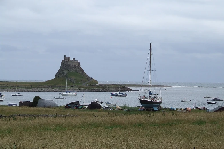 boats anchored on the shore near an island