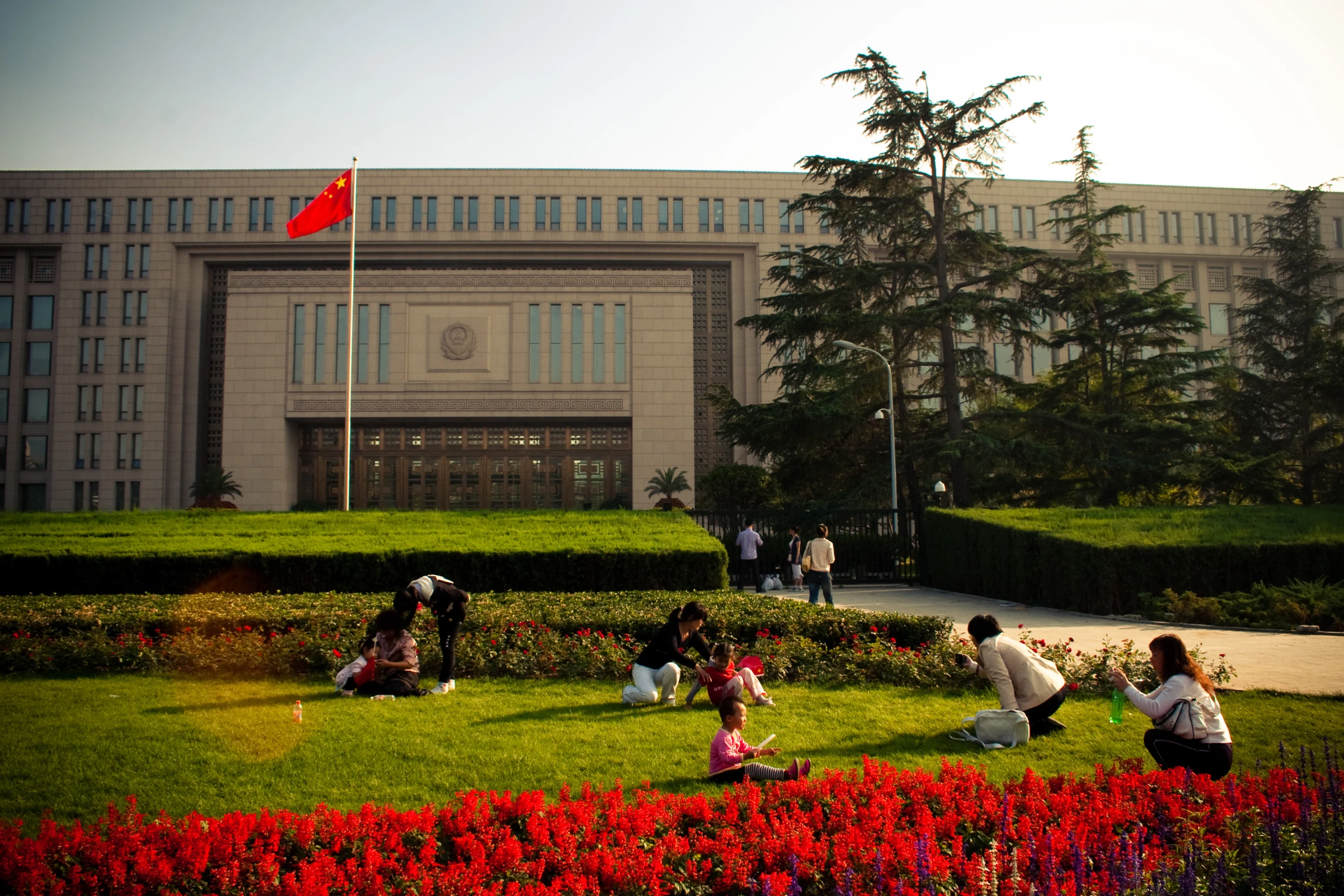 people sit and relax on a lawn in front of a tall building