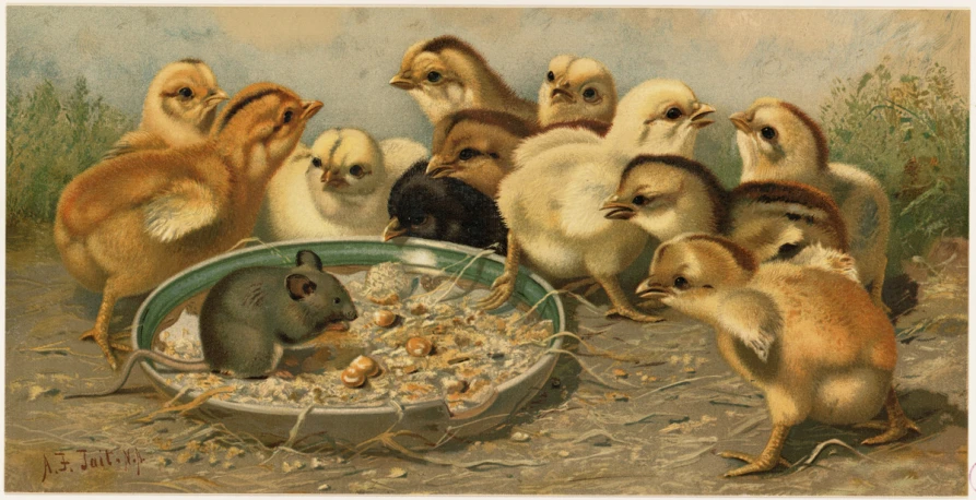 a group of chickens and one small animal inside an animal feeding station