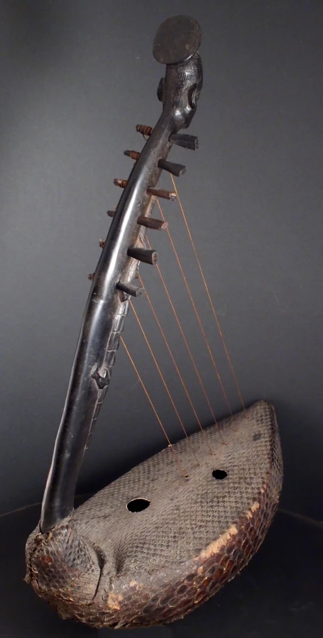 a string instrument sitting on top of a piece of wood