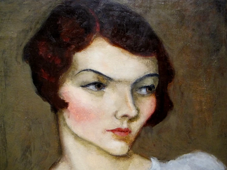 painting of a woman wearing a white shirt and red hair