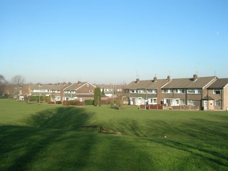 a green yard with houses and trees surrounding it
