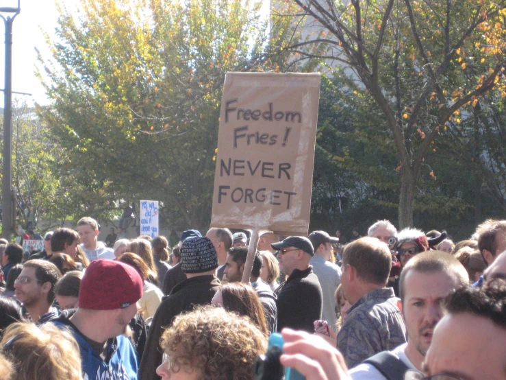 a large crowd of people walking down the street holding signs