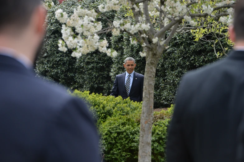 a president walking away from the camera through the bushes