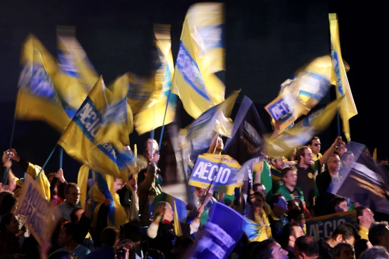 the people are holding flags at the event