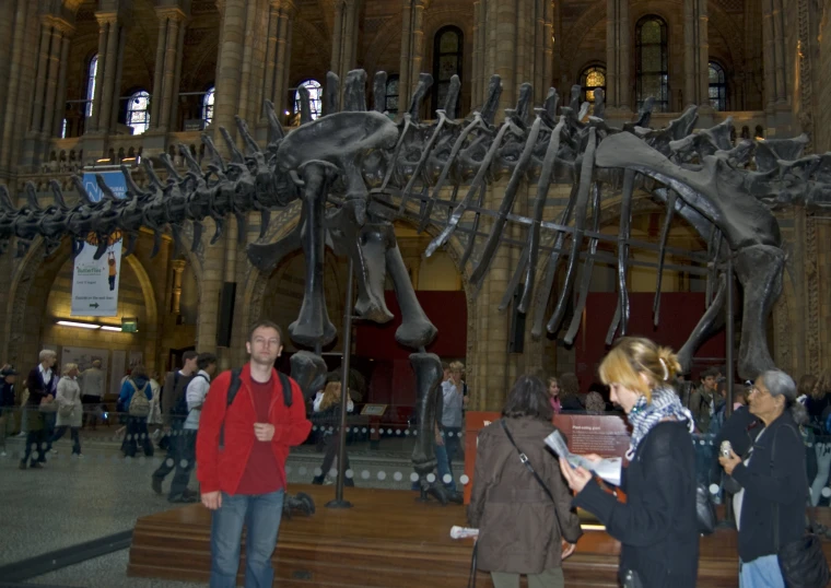 a museum with people and a dinosaur skeleton