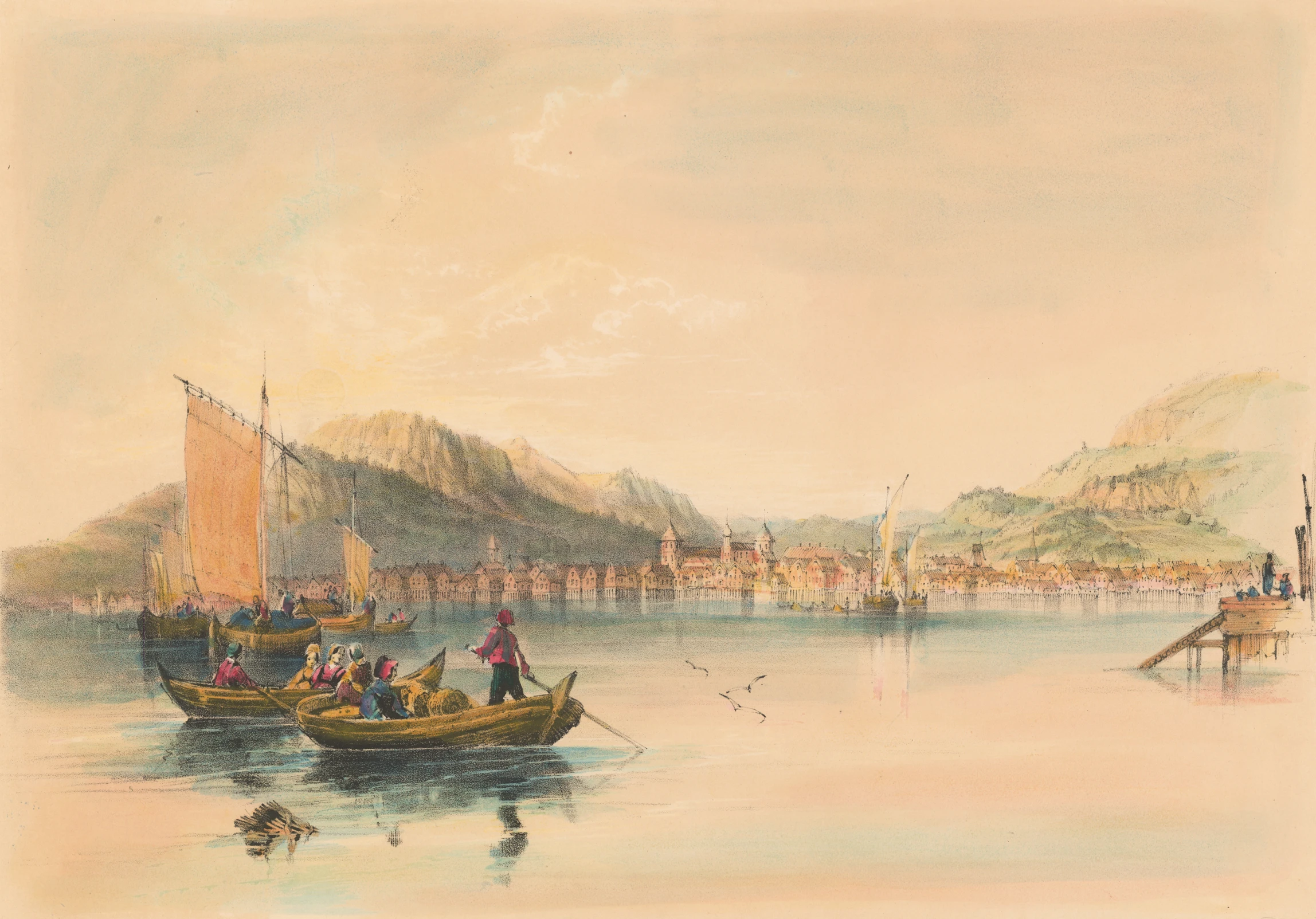 a painting of an old town on the water