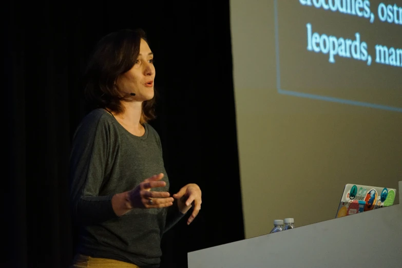 a woman standing in front of a podium with a powerpoint presentation on the screen