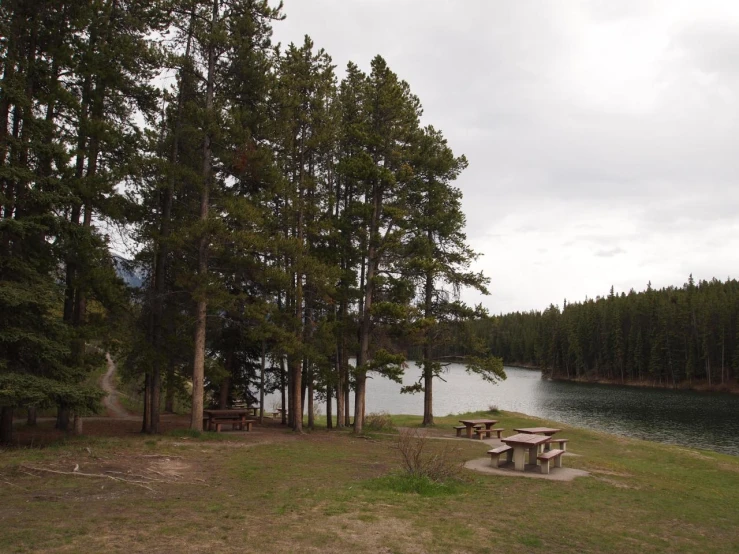 a picnic table sitting in the middle of a grassy field next to water