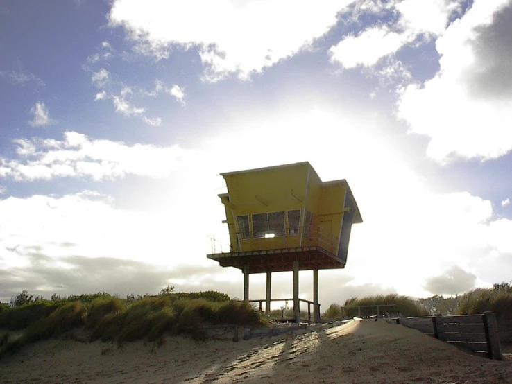 there is a life guard tower near the sand