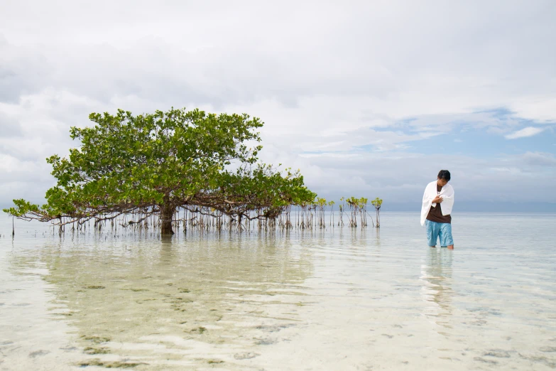 a person is standing near the water while holding onto their cellphone