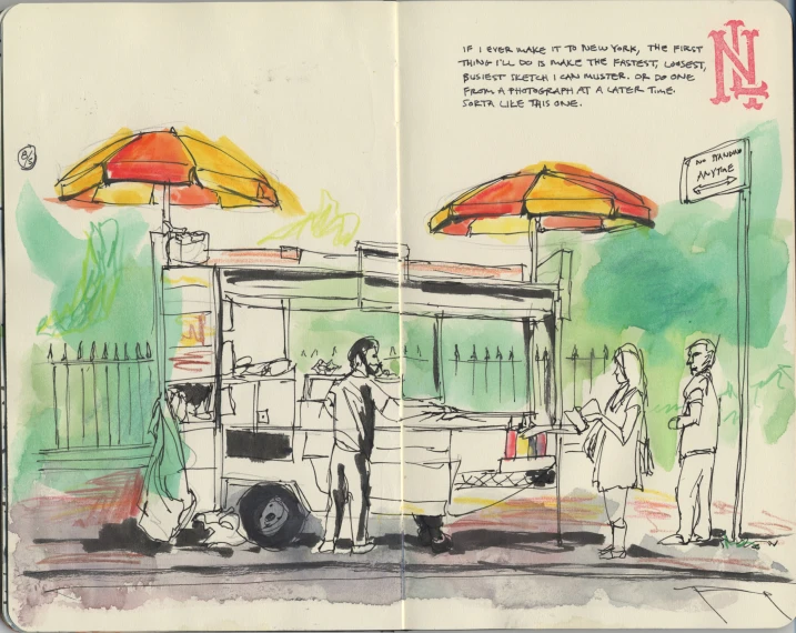 a drawing of a street food vendor with people in front