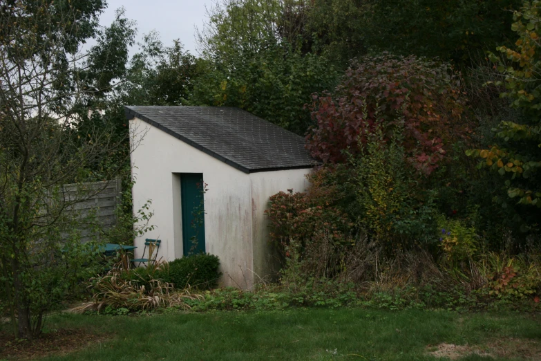 the little building has a green door and window on it