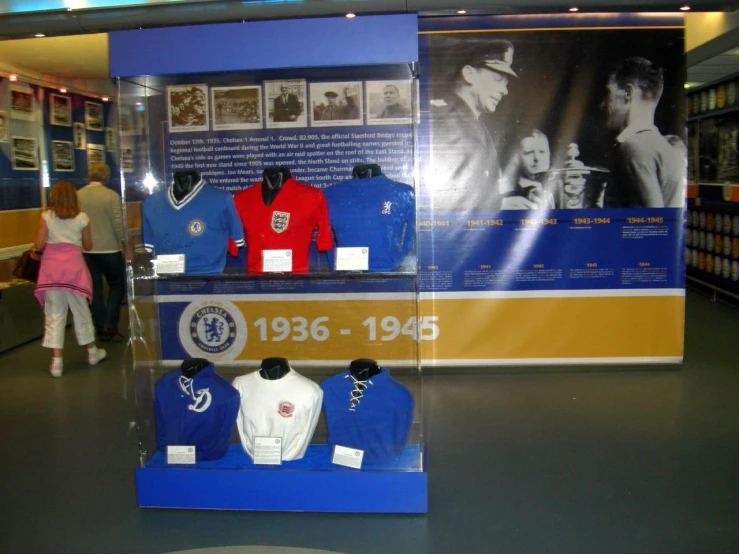 a display case of items depicting some of the uniforms on display in a museum