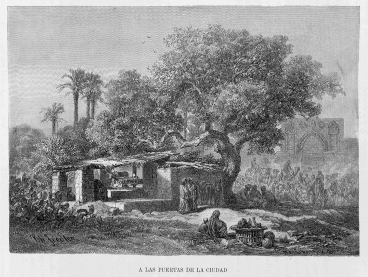 an old black and white illustration of people on a farm