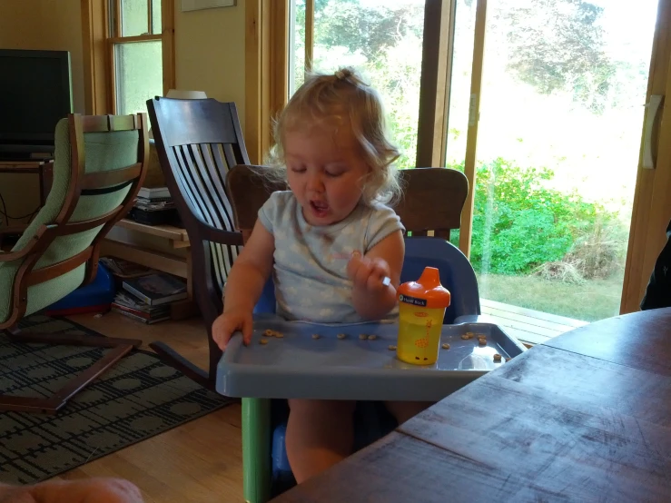 a small child sitting at a baby table