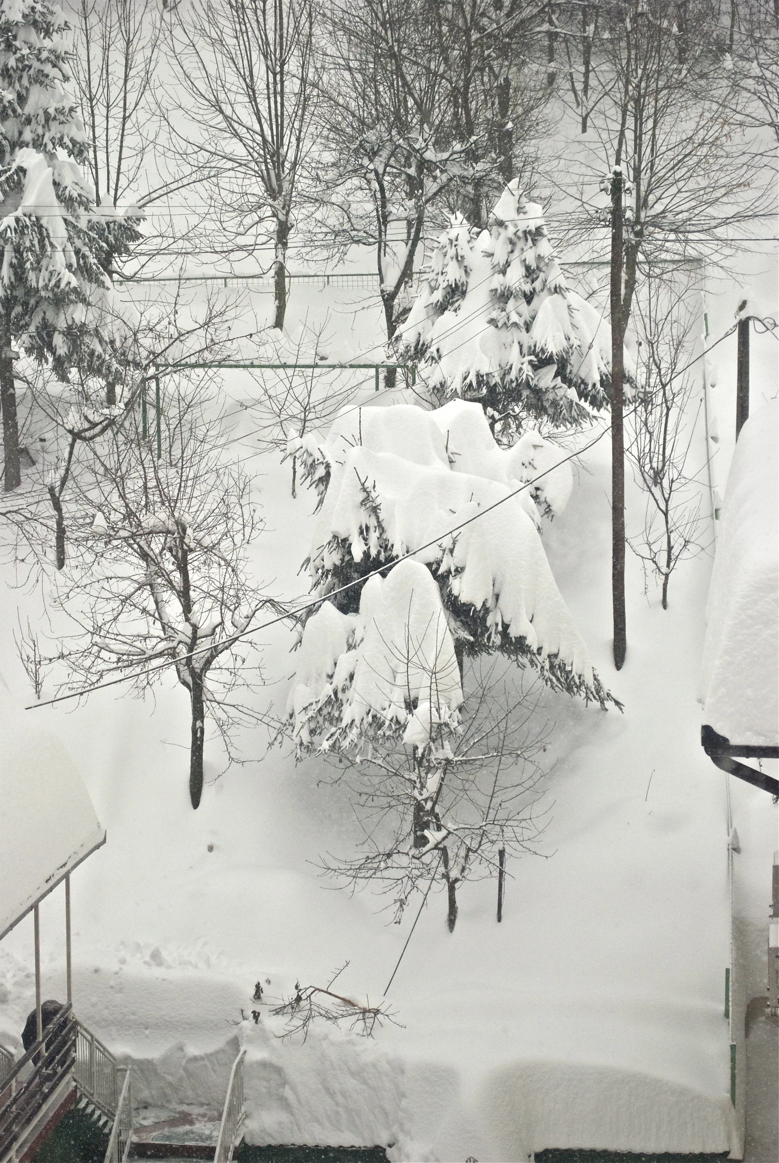 snow is piled over an open area in the park