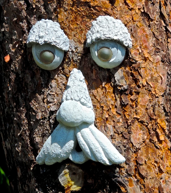 a white painted mask has been placed on the tree