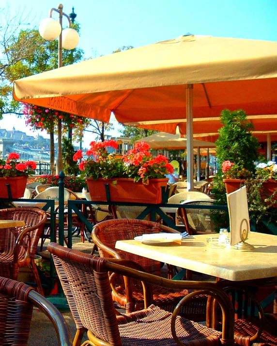 several wicker chairs with cushions and umbrellas surrounding tables