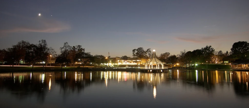 night view of large body of water with trees on the other side