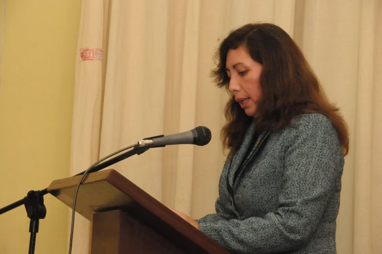 woman standing at podium with microphone in front of stage