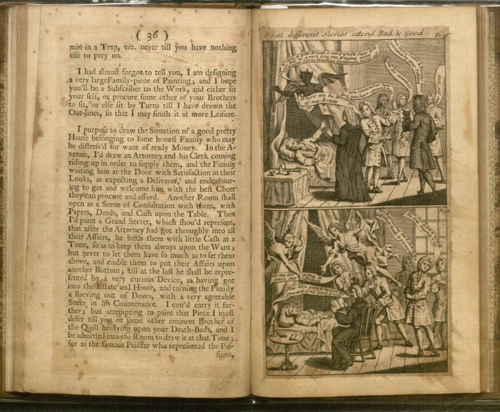an antique book open showing illustrations of people and characters