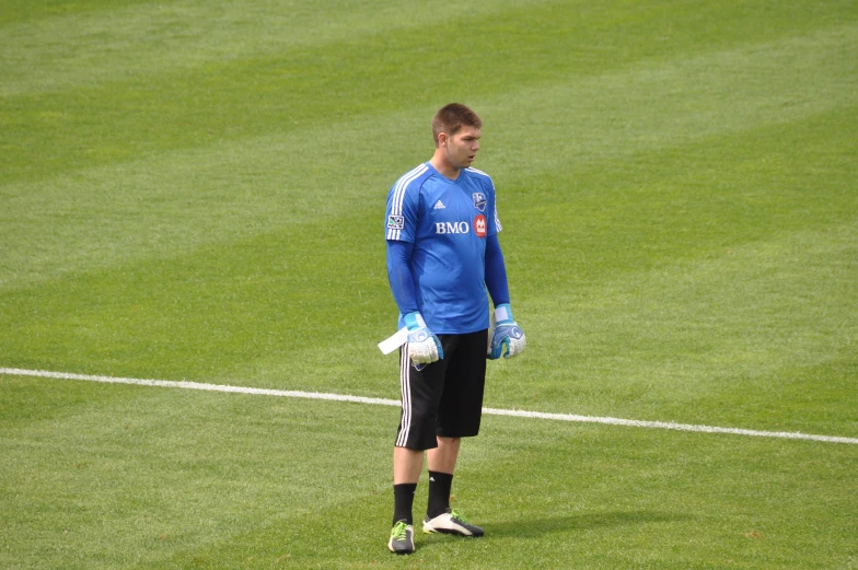 a man in blue and black stands on a green field