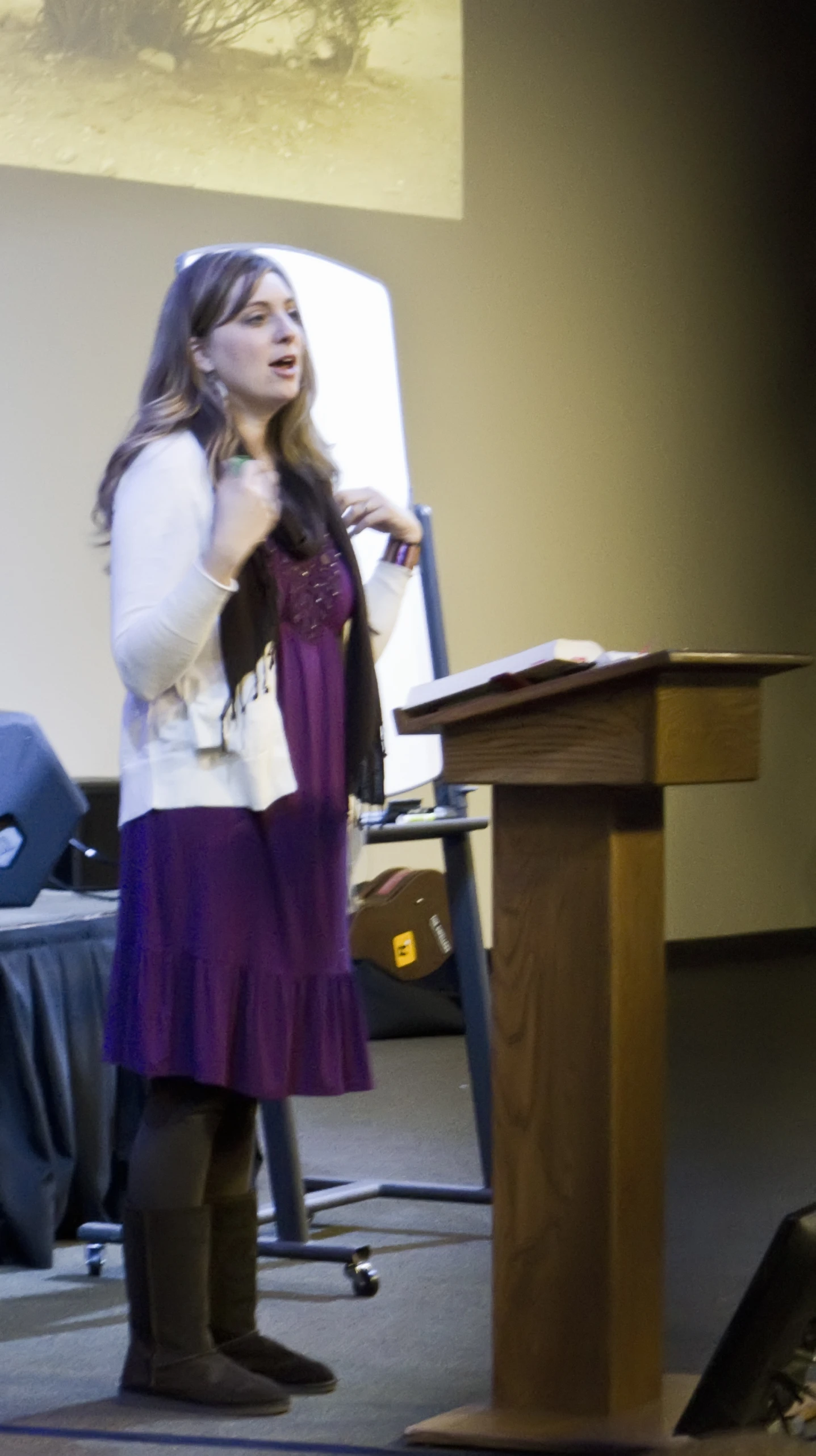 the woman is standing at the podium speaking