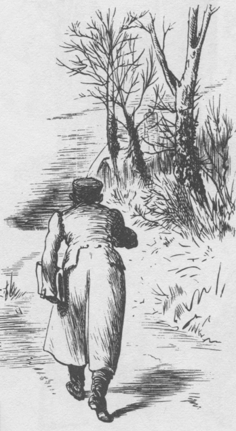a drawing of two people walking in the woods