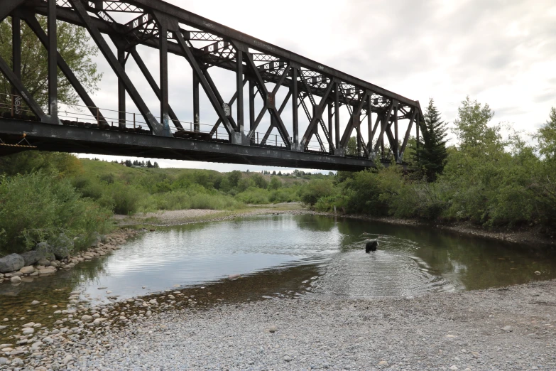 a train goes over an old bridge above the water