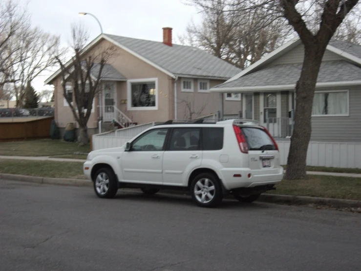 a white suv parked on the side of the road