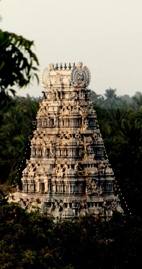 the top of a tall building is sitting among trees