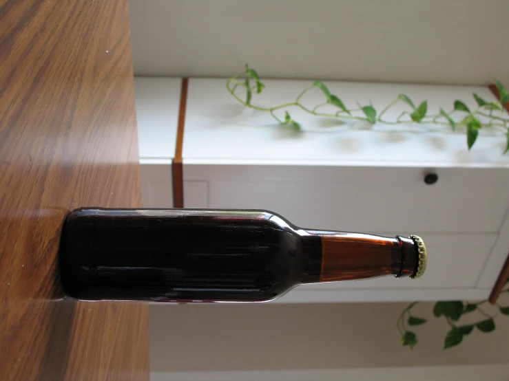 a bottle sitting on a table next to a potted plant