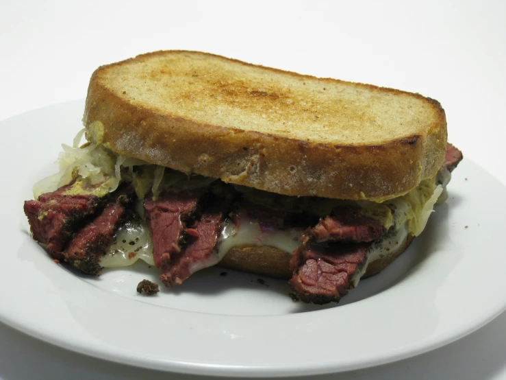 a piece of meat on bread sits on a white plate