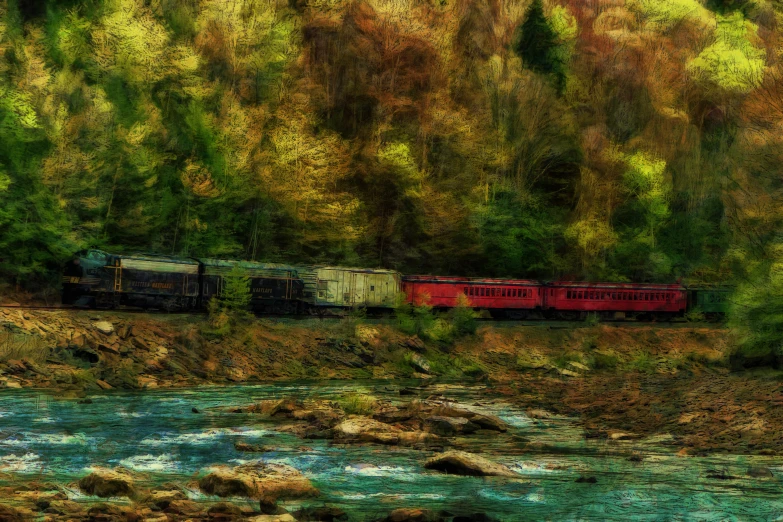 train in motion on train tracks over river