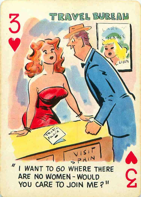 a poker card depicting a woman and man shaking hands
