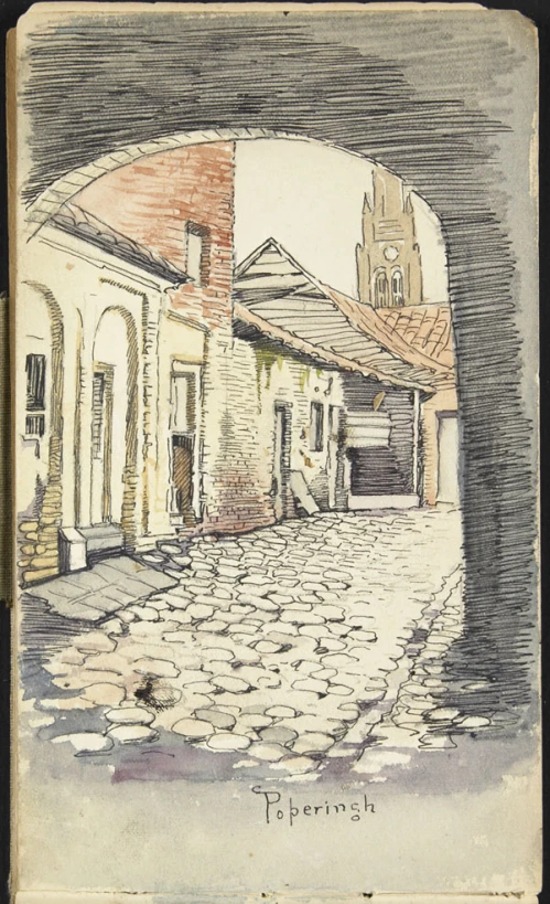 a drawing of a brick street with buildings on each side