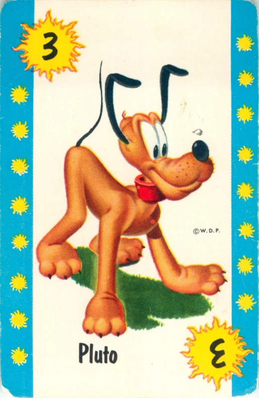 a vintage playing card showing the cartoon puppy