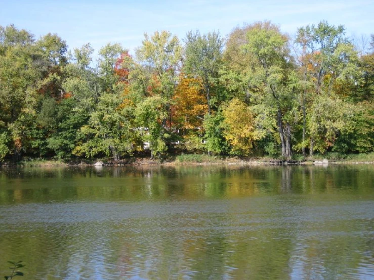 a lake surrounded by trees filled with colorful foliage