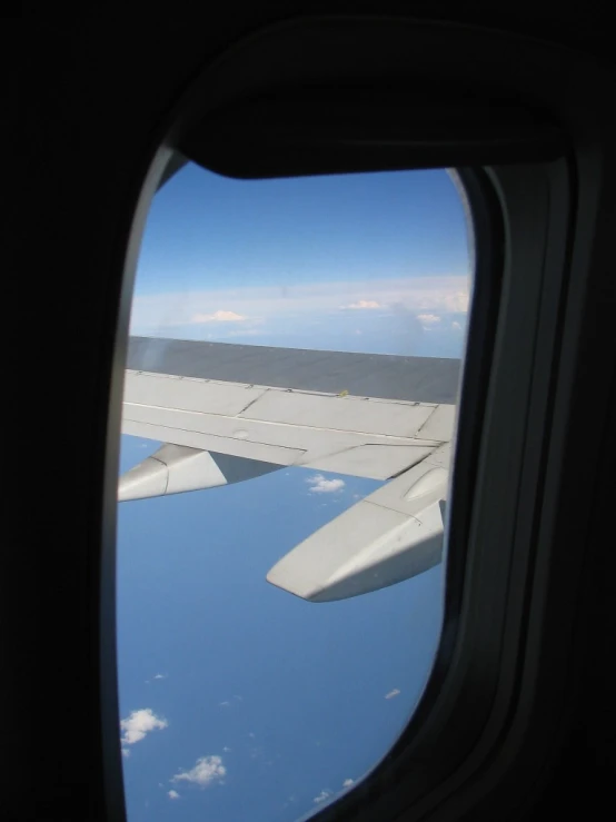 the window of an airplane that shows what is flying in the sky