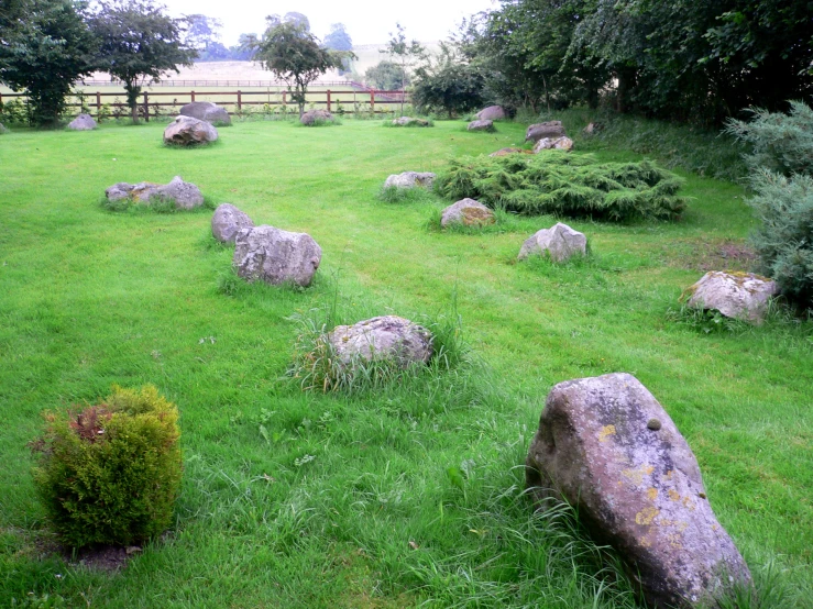 a large group of rocks sitting on top of a green field