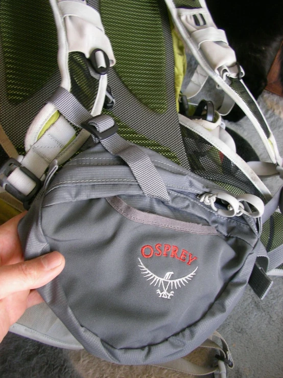 a person holding a backpack and wearing hiking gear