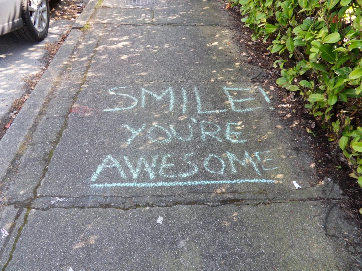 a chalk drawing in the sidewalk of an alley with words written on it