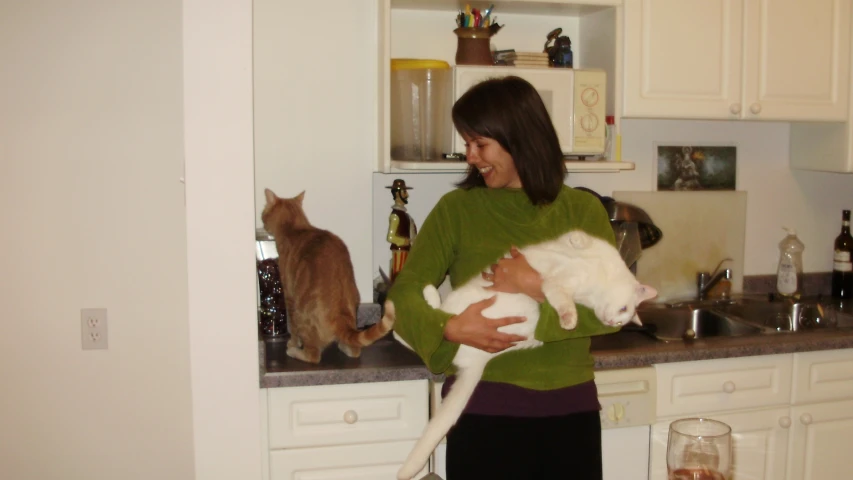 the woman is holding two cats on the kitchen counter