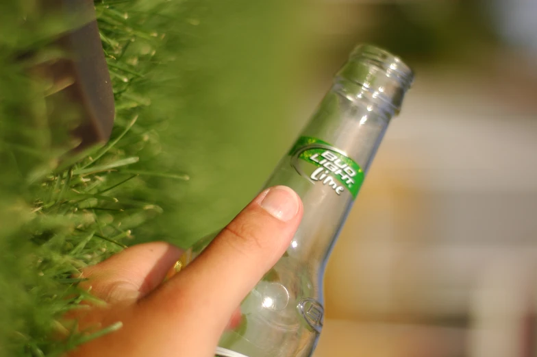 a person holding an empty green bottle over a grass area