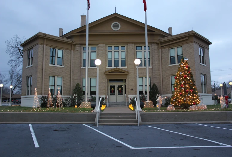 a building with several lights all around the windows