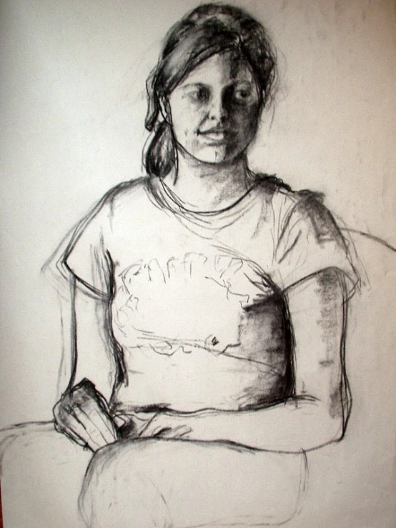 a pencil drawing of a young woman wearing a t - shirt